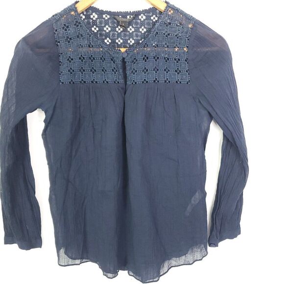 J Crew Top Womens Size 2 Embroidered Gauze Lightweight Navy Crochet Sheer Beachy - Picture 1 of 10